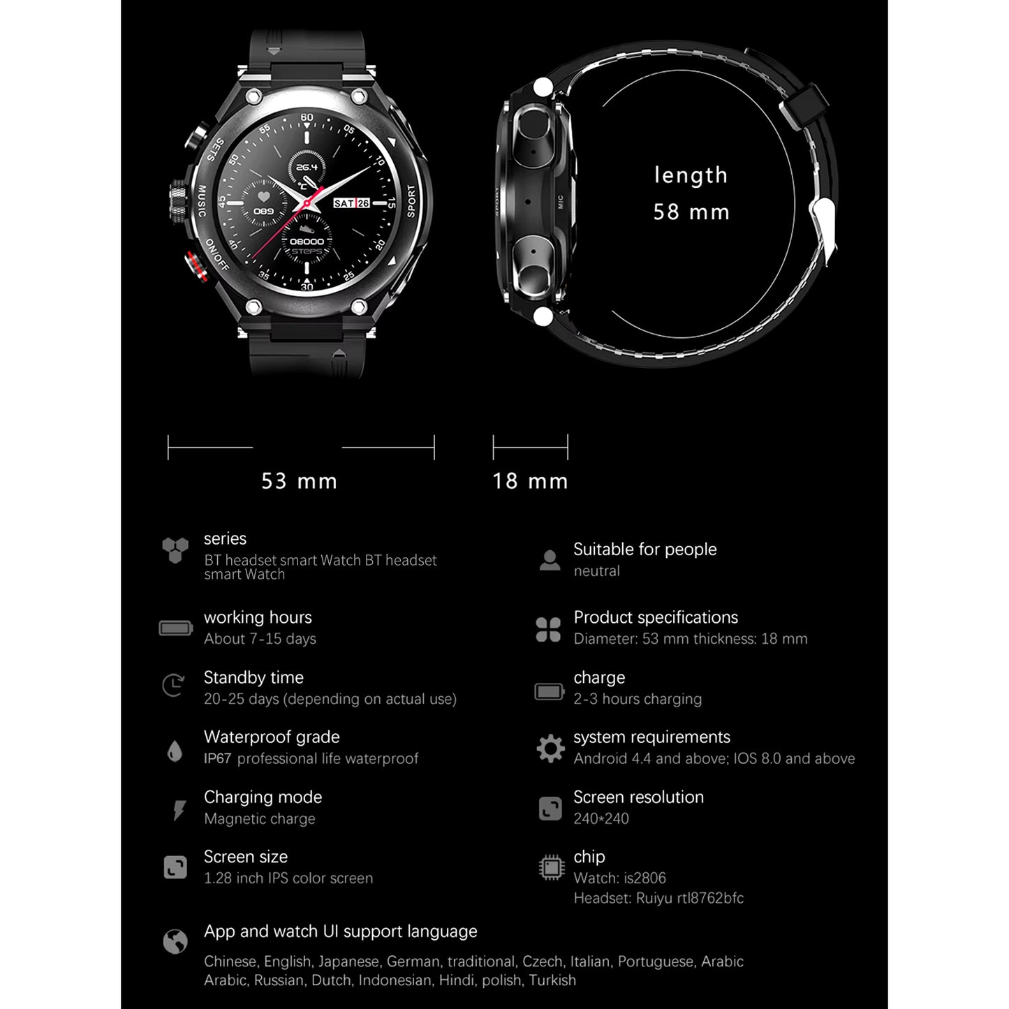 2-in-1 Smart Watch & Wireless Earbuds - Fitness Tracker, Heart Rate Monitor, MP3 Music & Call Functionality